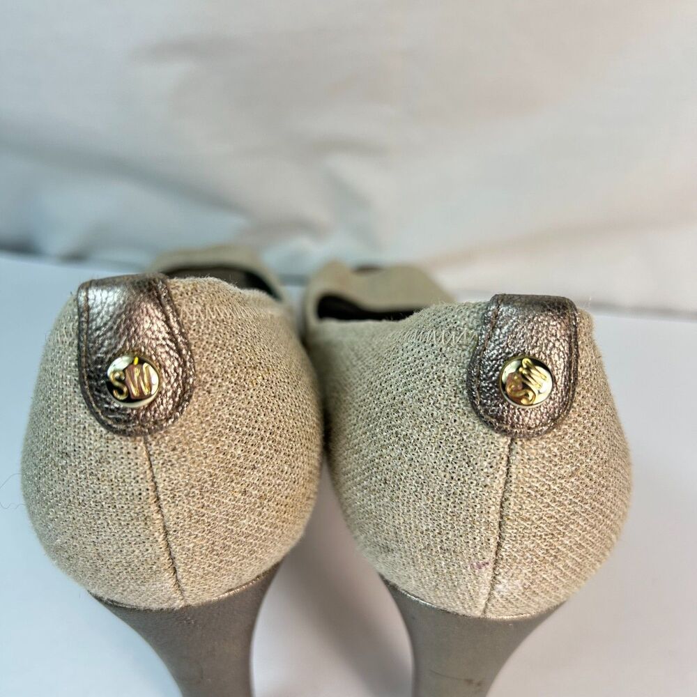 Stuart Weitzman Women's Beige Linen Leather Peep-toe High Heel Pump Size 11 - Picture 9 of 16
